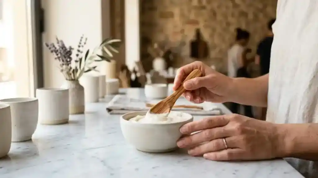 Ciotola con crema idratante nutriente e spatola in legno