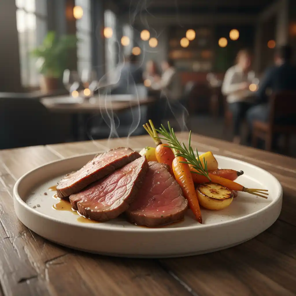 Arrosto di carne cotto a bassa temperatura con contorno di stagione