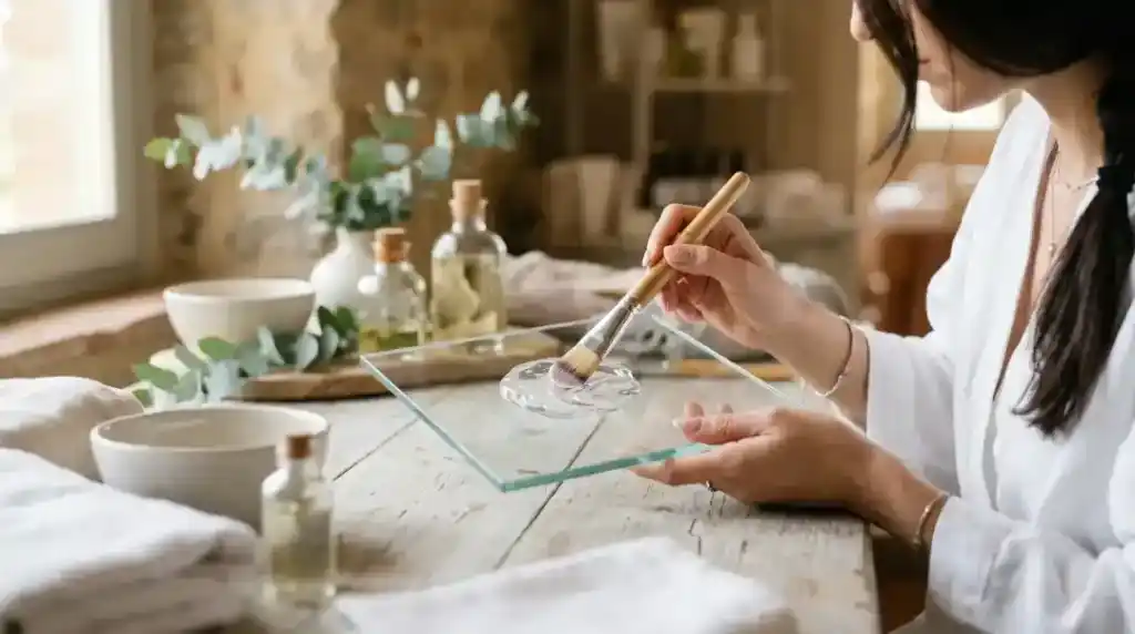 Pennello per trattamenti viso che preleva gel esfoliante da una tavolozza