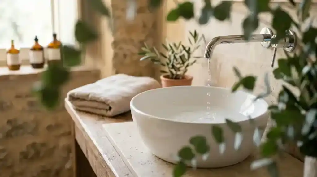 Gocce d'acqua e lavabo per la detersione serale del viso