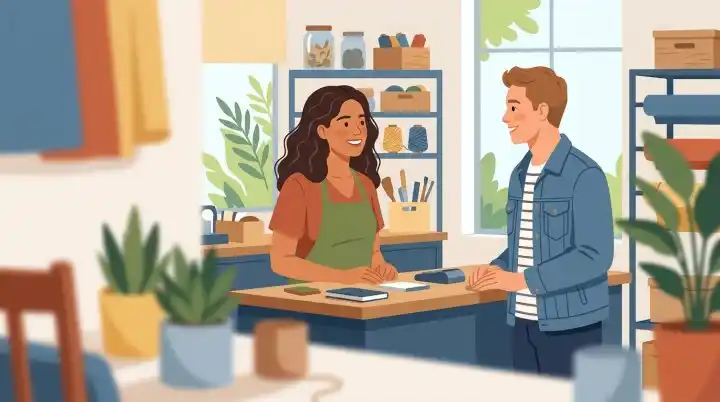 Titolare di un salone che parla cordialmente con un cliente