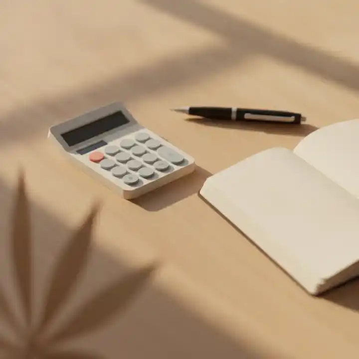 Una calcolatrice e un blocco note su un tavolo di legno chiaro.