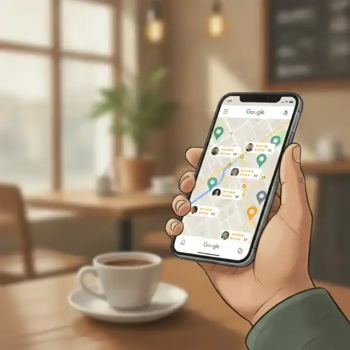 Schermata di Google Maps su smartphone che mostra attività locali con recensioni e stelline