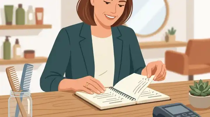 Proprietaria di un centro estetico sorridente mentre controlla l'agenda degli appuntamenti