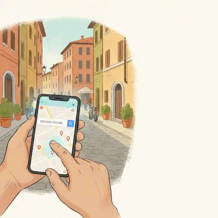Una persona che cerca un servizio locale sul proprio smartphone mentre cammina in città