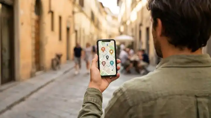 Schermo di uno smartphone con mappa e risultati di attività locali nelle vicinanze
