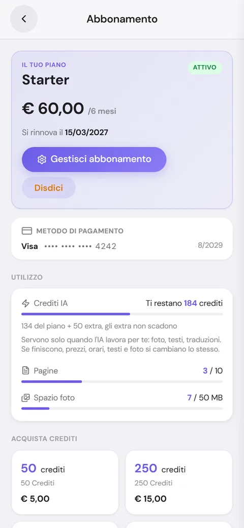 Abbonamento: piano semestrale con Gestisci abbonamento e Disdici, e i crediti rimasti del piano e extra