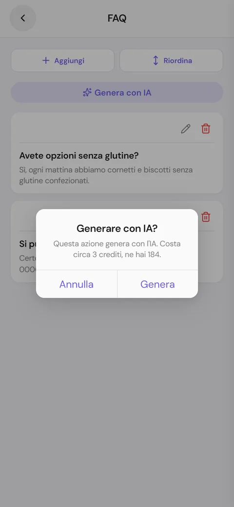 Finestra di conferma Generare con IA con il costo in crediti