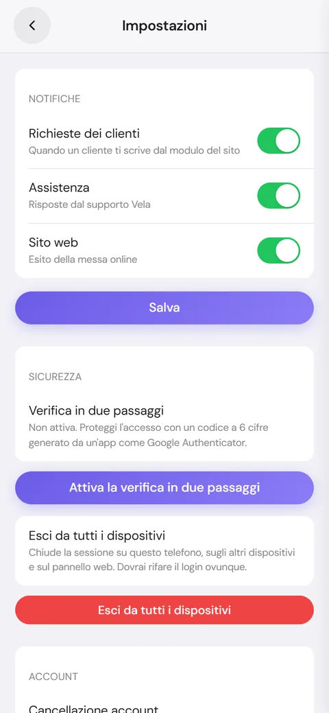 Impostazioni con le preferenze delle notifiche