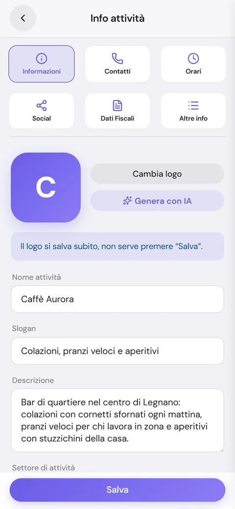 Info attività, scheda Informazioni