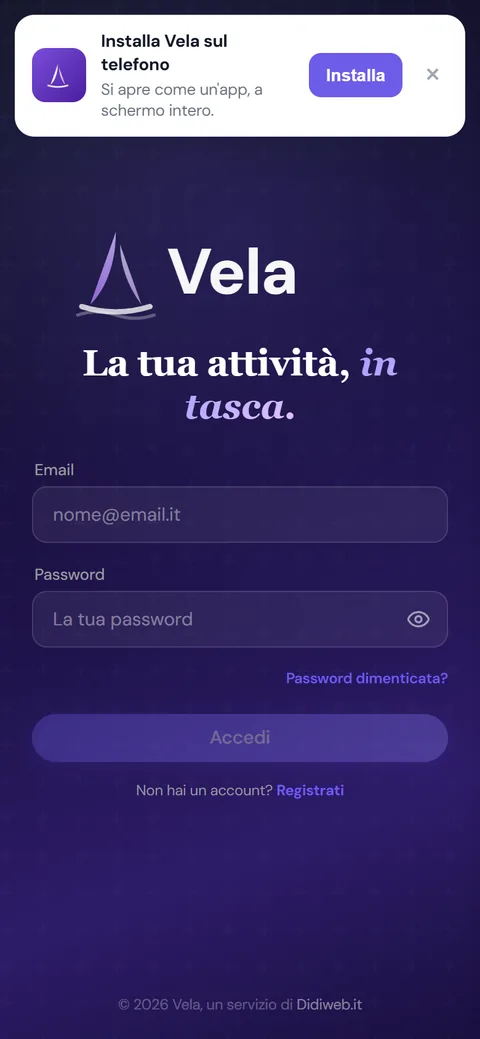 Schermata di accesso con il riquadro Installa Vela sul telefono