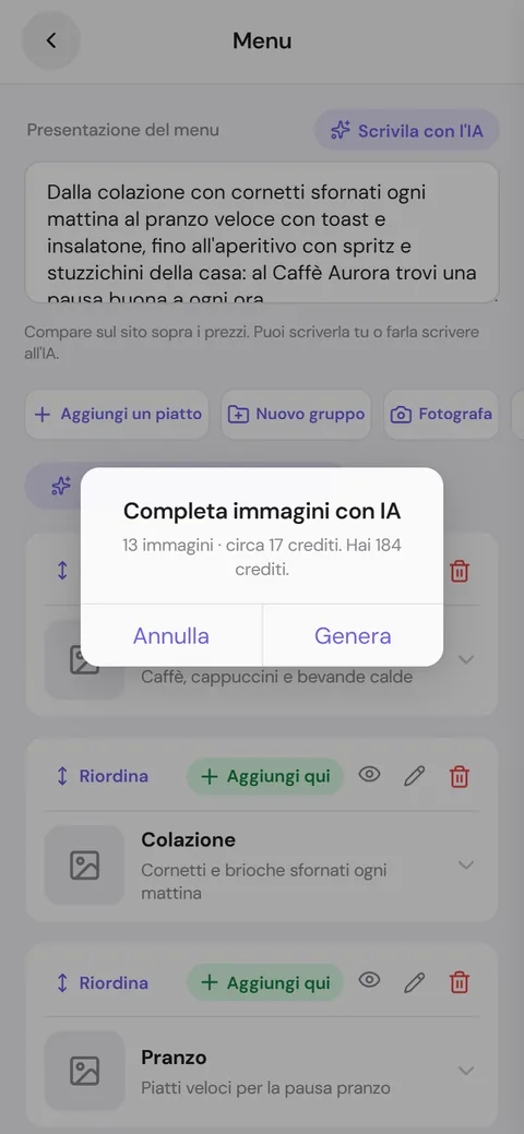 Finestra Completa immagini con IA con il conto dei crediti
