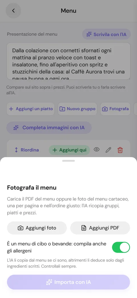 Scheda Fotografa per caricare i prezzi da foto o PDF