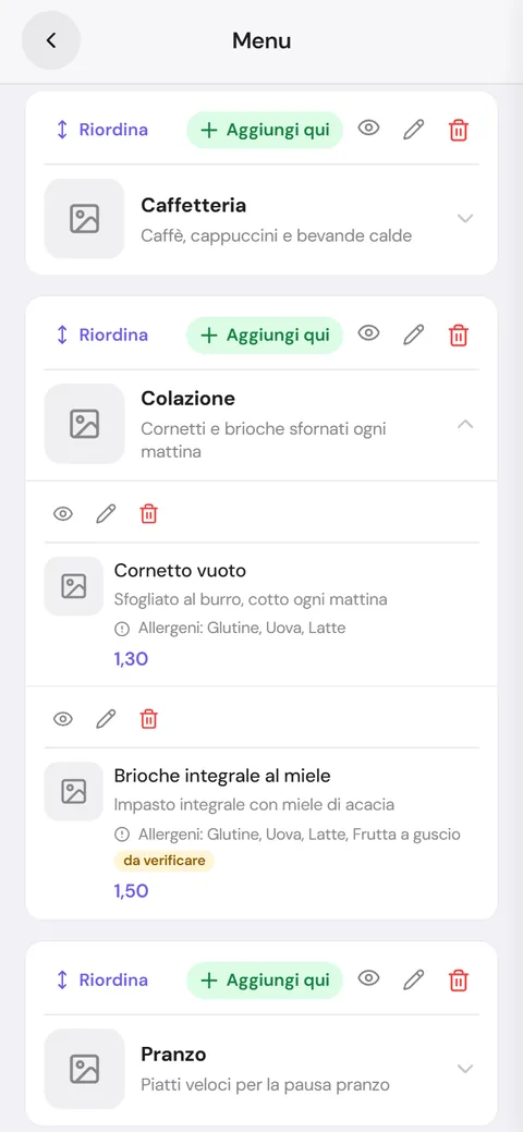 I prezzi con un gruppo aperto e le sue voci