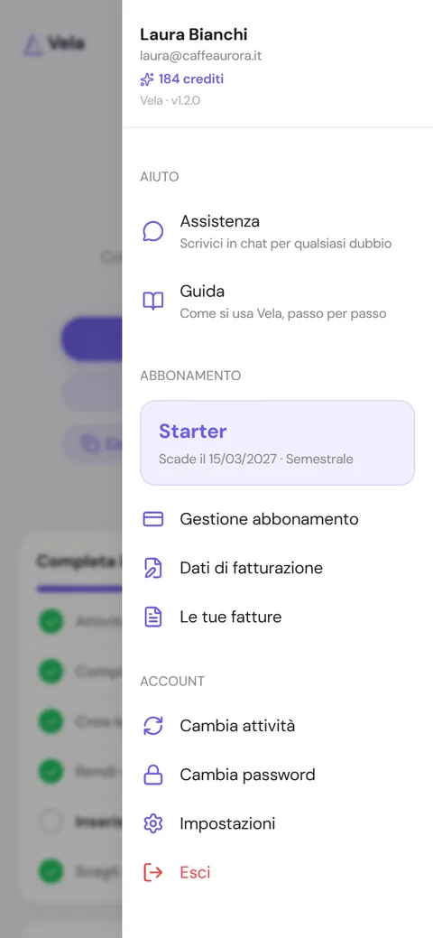 Menu laterale con crediti e abbonamento