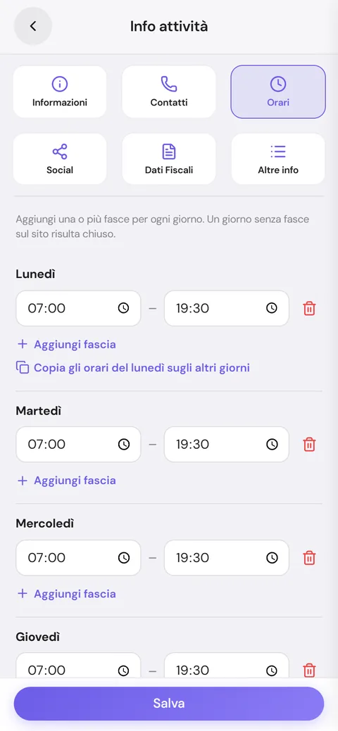 Scheda Orari con le fasce della settimana