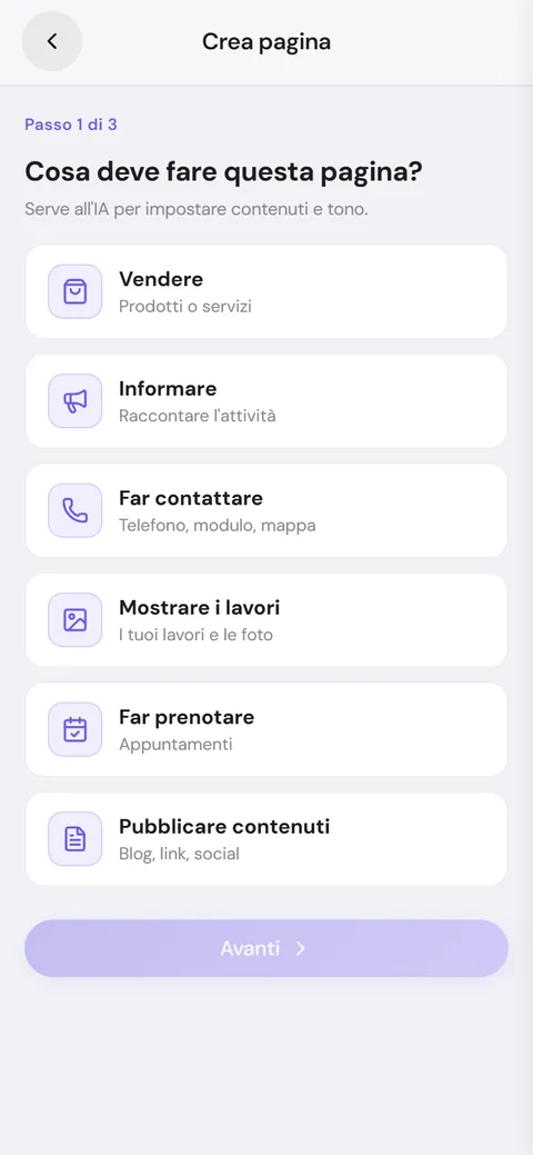 Crea pagina, passo 1 di 3
