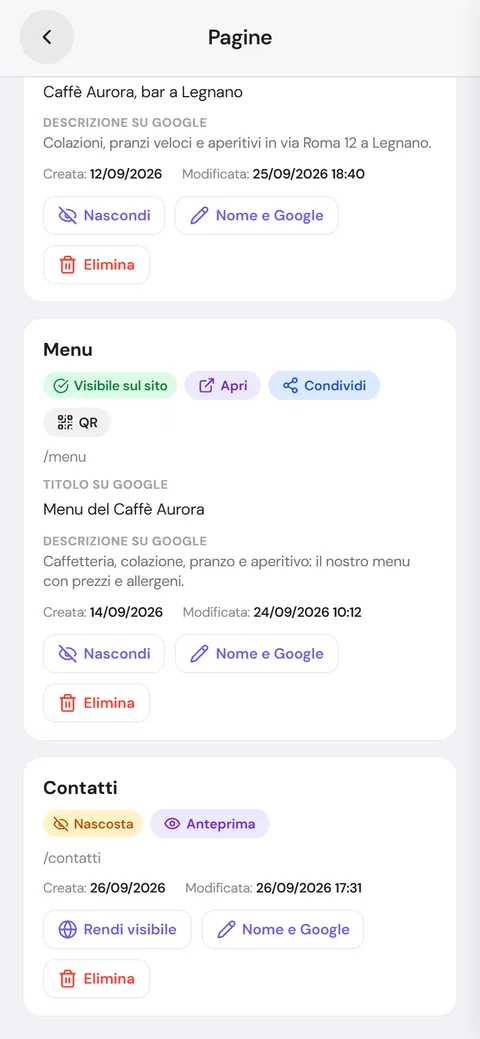Elenco delle pagine: due visibili sul sito e una nascosta con il tasto Anteprima