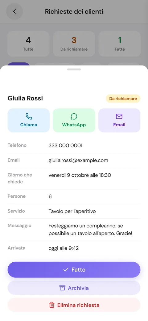 Dettaglio di una richiesta con i tasti Chiama, WhatsApp ed Email