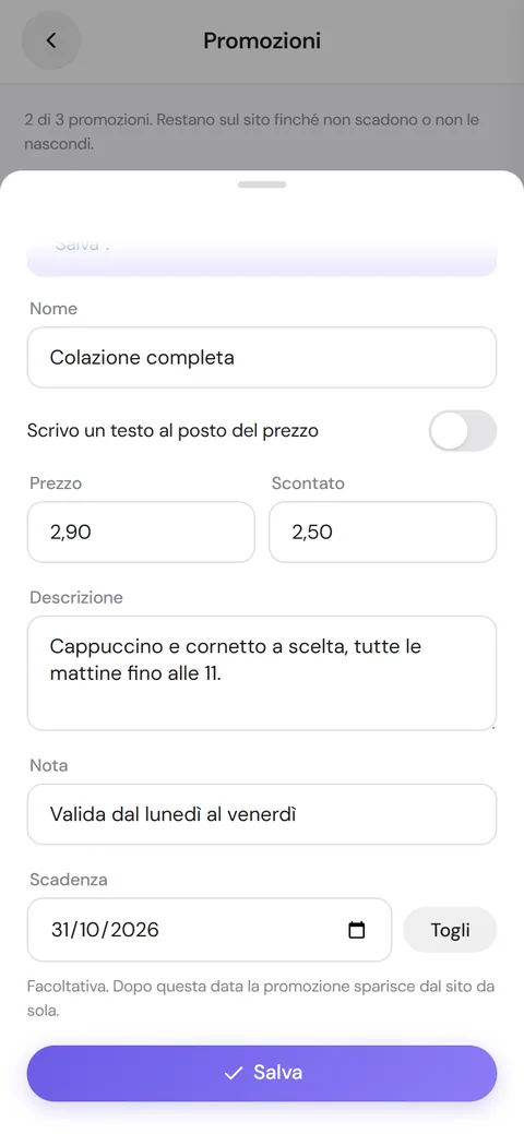 Scheda della promozione con la scadenza