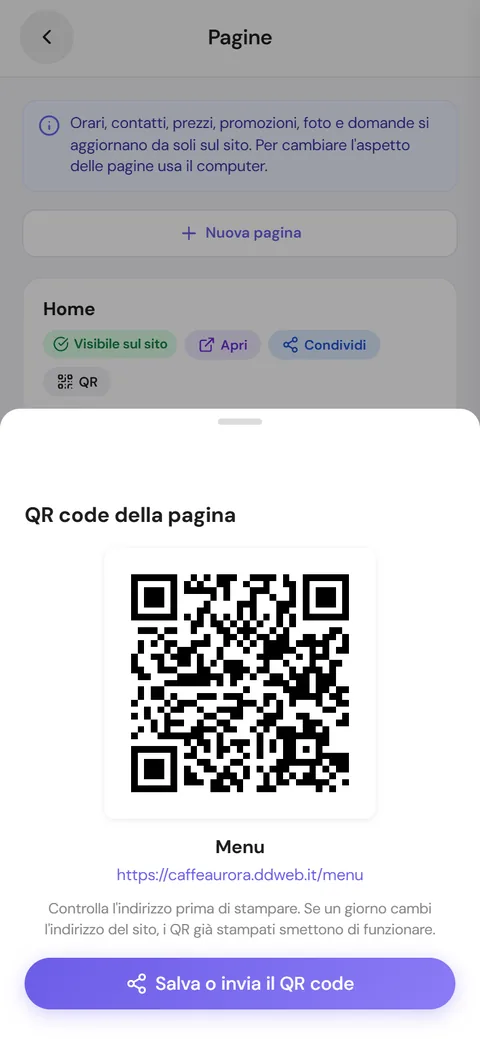 QR code della pagina del menu