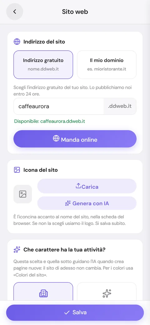 Schermata Sito web con l'indirizzo gratuito disponibile e il tasto Manda online