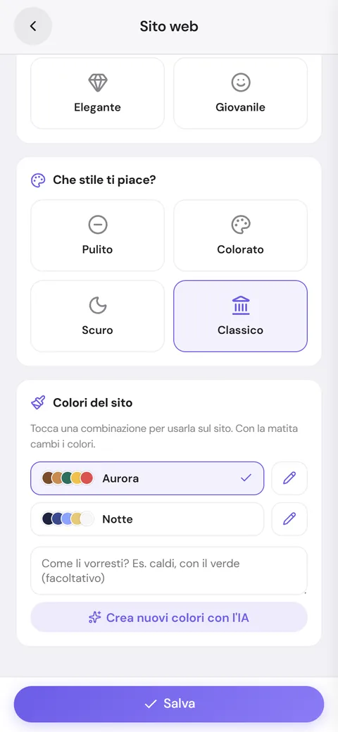 Riquadro Colori del sito con le combinazioni pronte