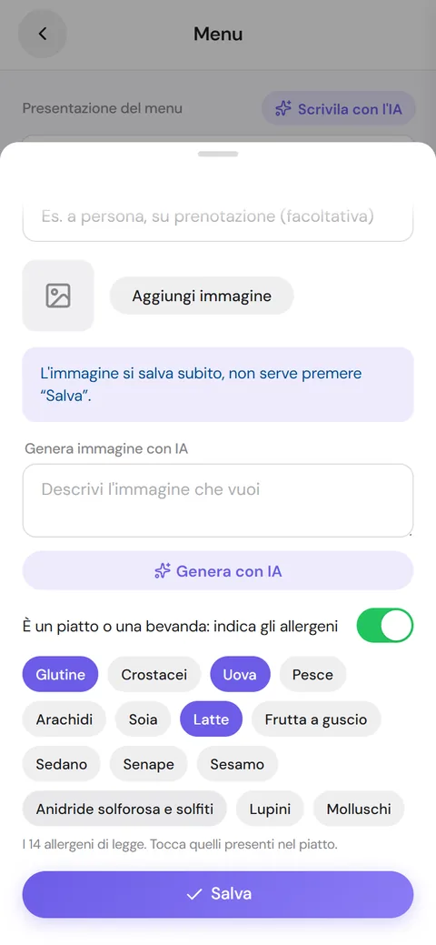 Scheda della voce con gli allergeni selezionati