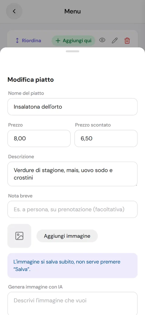 Scheda di modifica della voce con Prezzo e Prezzo scontato