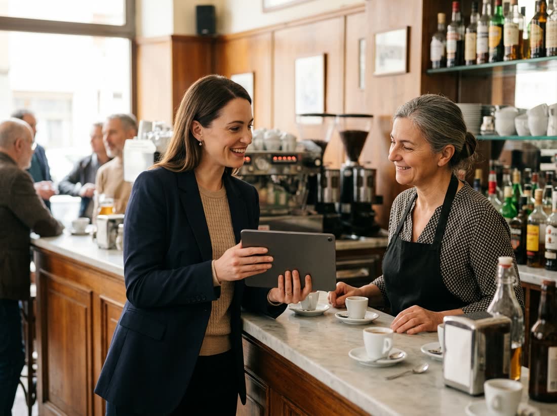 Una consulente mostra Vela sul tablet alla titolare di un bar